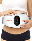 Woman wearing an electronic waist slimming belt for women with digital display and adjustable straps