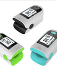 Three finger pulse oximeters in black, green, and blue with digital displays showing oxygen saturation and pulse rate
