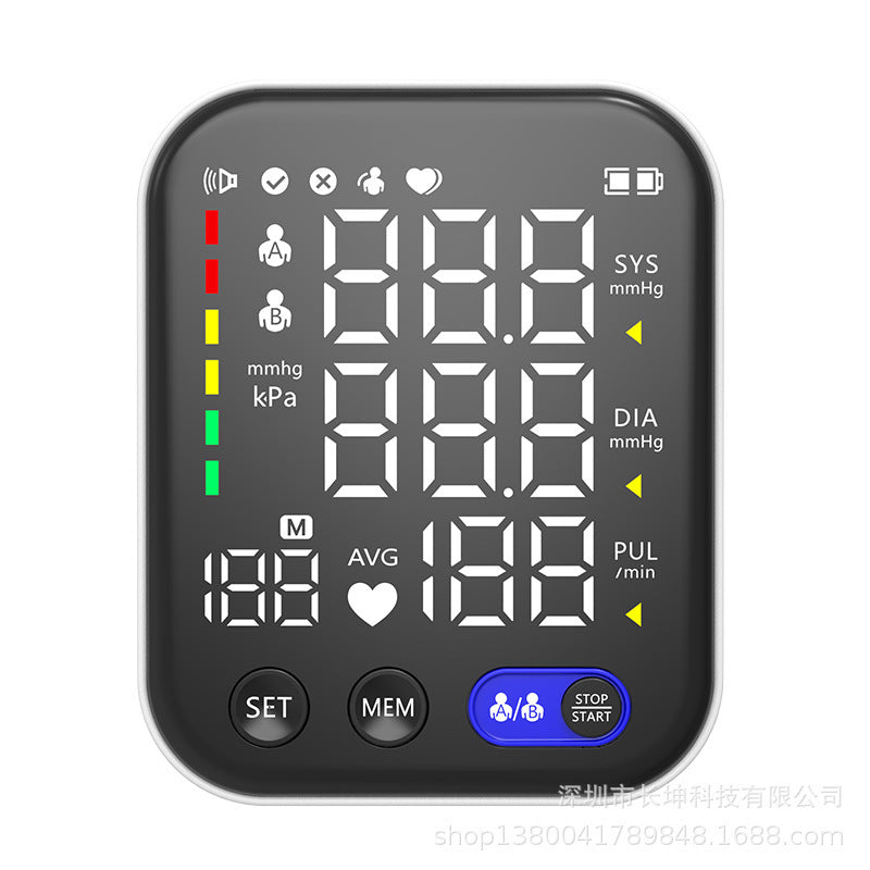 Digital electronic blood pressure monitor with clear display and easy start buttons