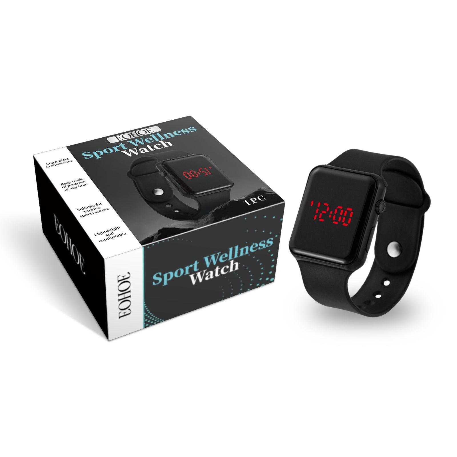 Black sport wellness watch with digital red LED display and adjustable silicone band