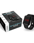 Black sport wellness watch with digital red LED display and adjustable silicone band