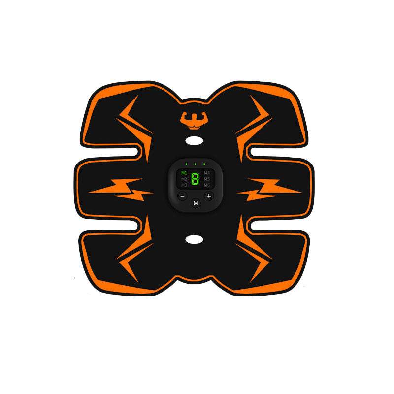 Black and orange abdominal muscle stimulator patch with digital control panel for fitness use