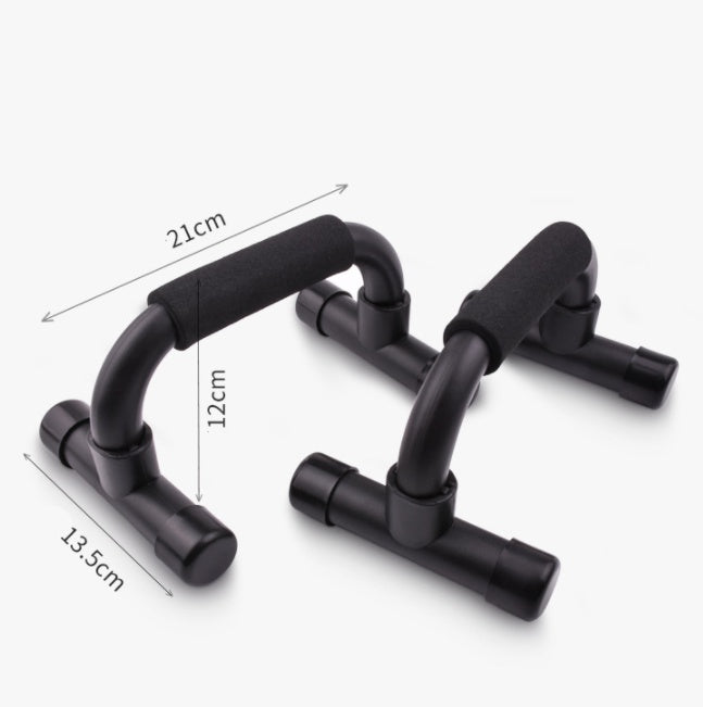 Black push-up bars with foam grips measuring 21 cm by 13.5 cm for home multifunctional fitness equipment