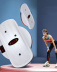 Home twisting machine for exercise with textured foot pads shown next to woman using it for fitness