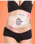 Waist slimming belt for women worn on midsection with black underwear and bra on orange background