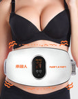Waist slimming belt for women worn on a female model with digital display and adjustable strap