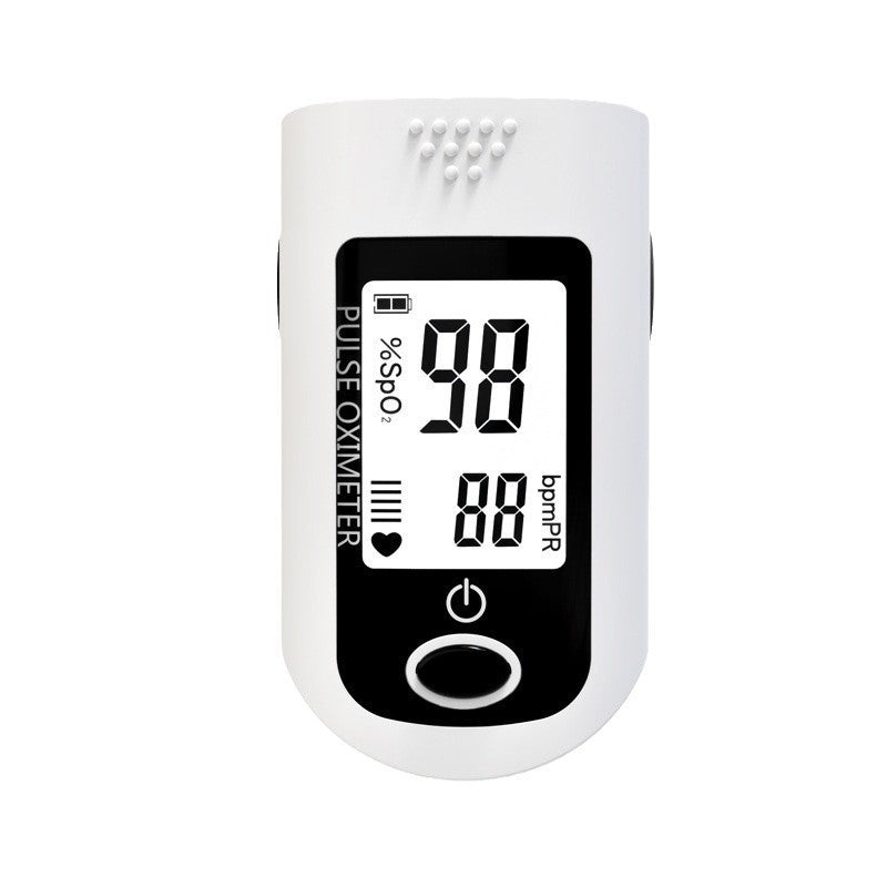 White finger pulse oximeter with digital display showing oxygen saturation and pulse rate