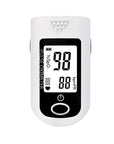White finger pulse oximeter with digital display showing oxygen saturation and pulse rate