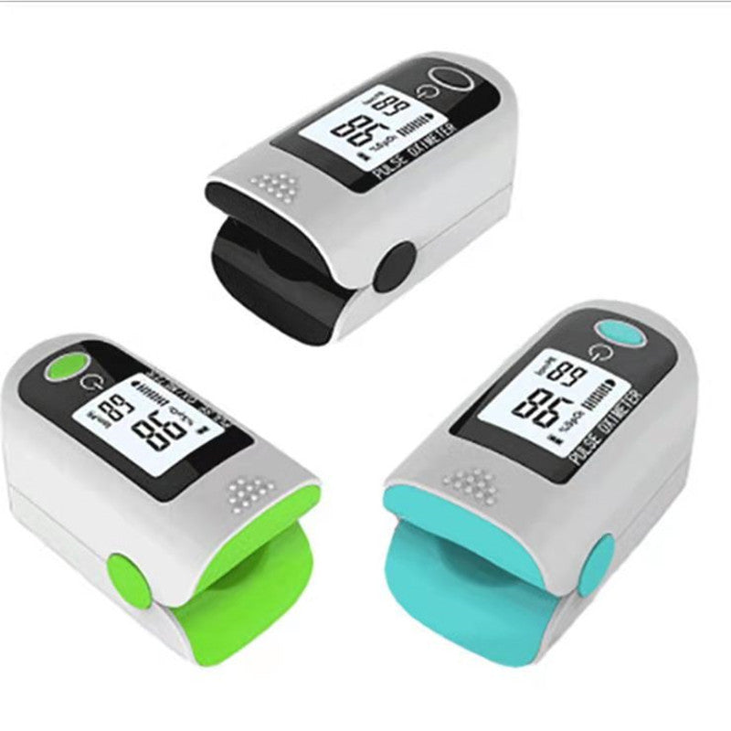 Three finger pulse oximeters in black, green, and blue with digital displays showing oxygen saturation and pulse rate