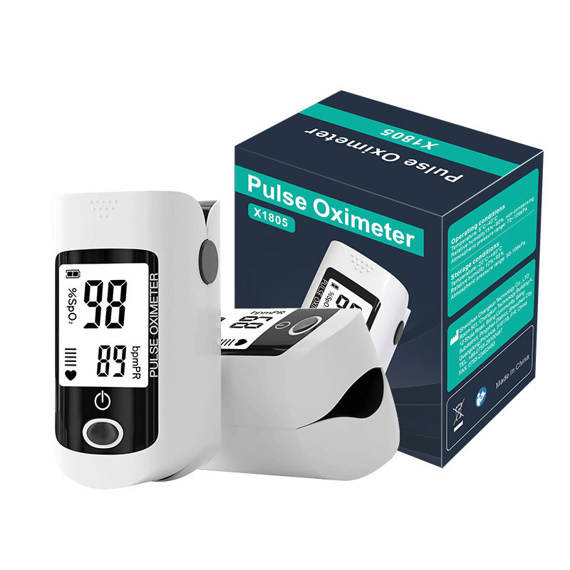 White finger pulse oximeter with digital display and blue packaging box for health monitoring
