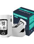 White finger pulse oximeter with digital display and blue packaging box for health monitoring